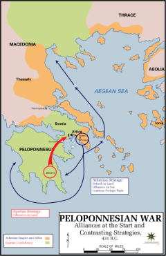 Ο Πελοποννησιακός Πόλεμος ανάμεσα στη Αθηναϊκή και την Πελοποννησιακή Συμμαχία, υπό την ηγεμονία της Σπάρτης, διήρκεσε, με μερικές ανακωχές, από το 431 π.Χ. έως το 404 π.Χ. και έληξε με την ολοκληρωτική ήττα των Αθηναίων, δίνοντας τέλος στον πολιτισμικό «χρυσό αιώνα».